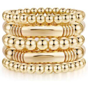 Women Gold Chunky Curved Stacking Plated Bead Ball Stretchable Bracelets Jewelry